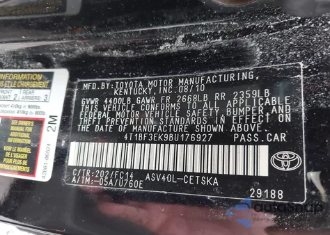 2011 Toyota Camry Se from USA, damaged, VIN 4T1BF3EK9BU176927